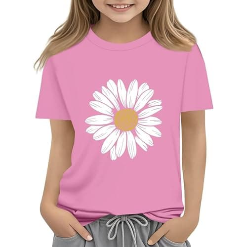 Image of T Shirts Kids Girls Crewneck Short Sleeve Trendy Graphic Flower Tshirts Teenage Girls Summer Comfy Cartoon Cute School Casual Sports Children Tunic Tops Age 3-13 Years (8-9 Years) Pink