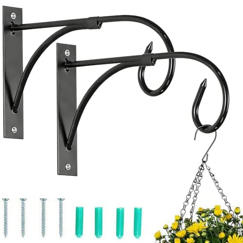 Image of NUPTIO 2 Pcs Hanging Basket Brackets: Outdoor Metal Garden Hooks for Wall Hanging Plants, Fence Lanterns, Bird Feeders Hanger - Black