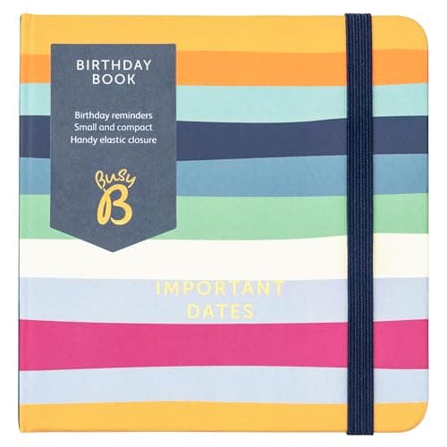 Image of Busy B Birthday Book – Multicoloured Stripe Cover – All your Loved Ones Birthdays in One Place – Compact & Discreet Design with Monthly Index & Elastic Closure Band