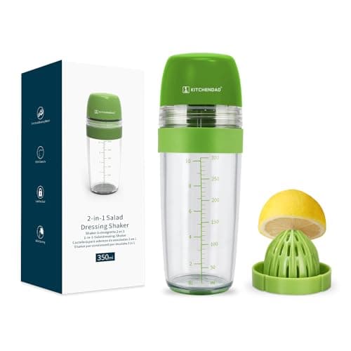 Image of KITCHENDAO 2 in 1 Salad Dressing Shaker Container with Citrus Juicer, Dripless Pour, Leak-free, Soft Grip, Dishwasher Safe, BPA Free, Homemade Salad Dressing Bottle Mixer Measure, 350ml (1-1/2 Cups)
