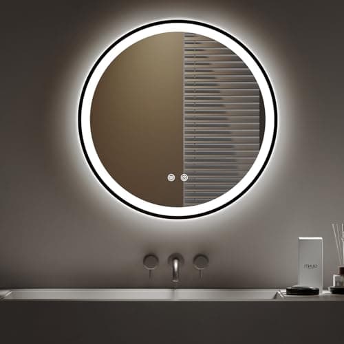 Image of Warmiehomy Bathroom Mirror with LED Lights,Round 600mm Illuminated LED Bathroom Mirror with 3 Colour Dimmable Lights Demister Pad Touch Control,Black Frame