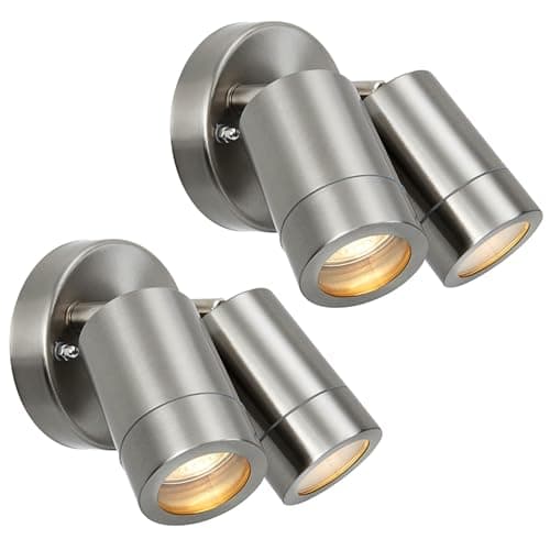 Image of National Lighting IP44 Rated Outdoor Twin Spotlights, Brushed Stainless Steel Adjustable Tilt Outside Lights, Mains Powered Security Spot Lights, 2X 7W 240V LED GU10 (Not Included) 2 Pack