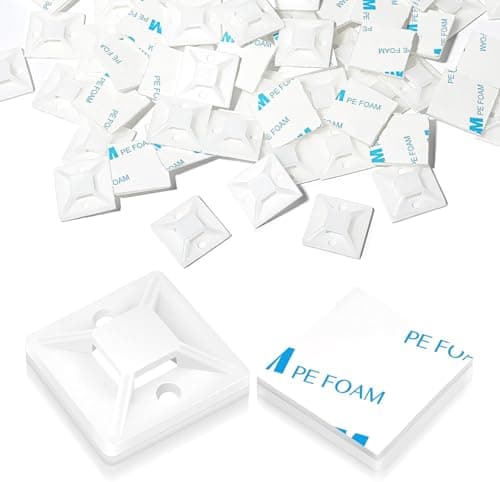 Image of 100 Pcs Cable Tie Mount 18 x 18mm, White Self Adhesive Wire Tie Base Holders, Sticky Zip Tie Pads Clips for Home Office Cables Management