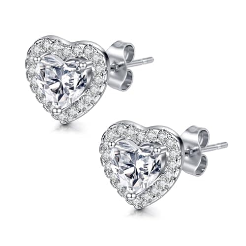 Image of AVYRING Silver Heart Earrings - Cubic Zirconia Studs, Hypoallergenic & Dainty, Perfect for Brides & Bridesmaids