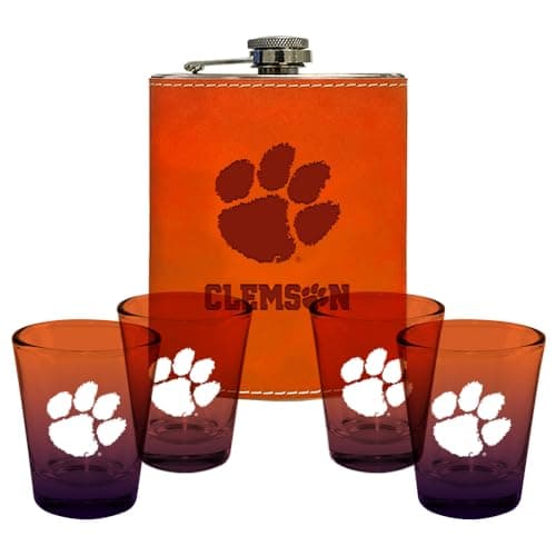 Image of The Memory Company | Licensed NCAA Team Logo Leather Wraped Flask with (4) Ombre Shot Glasses Set,Clemson University