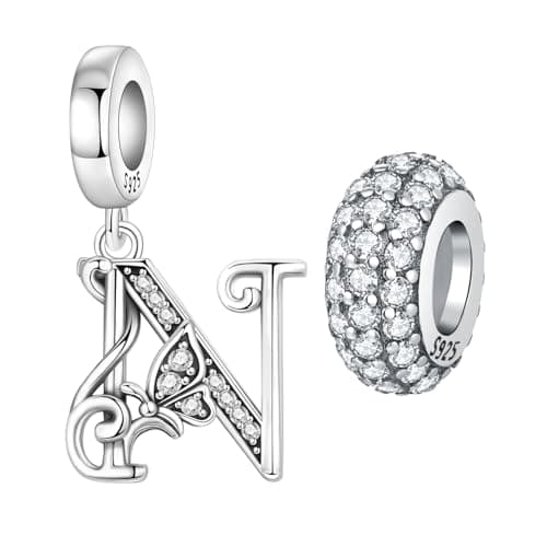 Image of PANPOKI 2PCS 925 Sterling Silver Butterfly [A-Z] Letter Charms for Bracelets and Necklace Alphabet Initial Dangle Pendants Round Spacer Beads Pave Cubic Zirconia Jewelry Gift for Women (N Set)