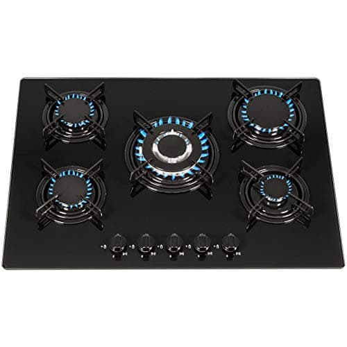 Image of SIA GHG713BL 70cm Black Glass 5 Burner Gas Hob With Enamel Stands & Wok Burner