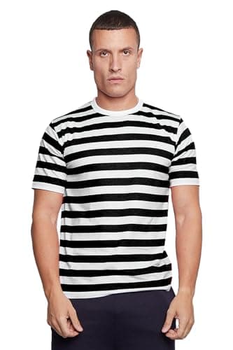 Image of WickedFun® Men's Striped Top Shirt Stag Do Fancy Dress Short Sleeve Cotton Stripe T-Shirts (Black & White, Small)