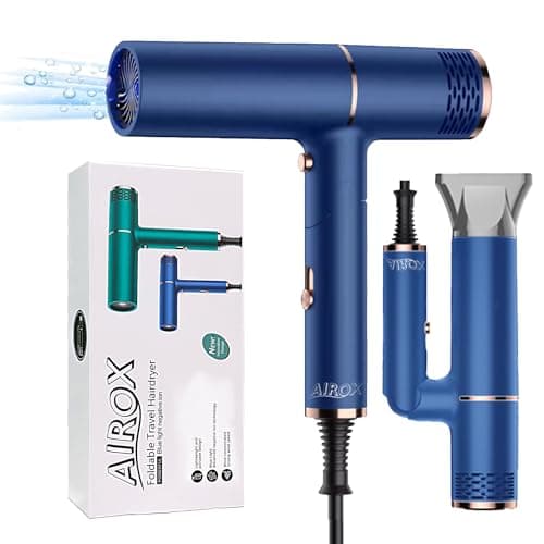 Image of AIROX Powerful 1800W Travel Hairdryer for Women, Foldable Ionic Hair Dryer for Fast Drying, Compact and Portable Mini Blow Dryer with Negative Ion | Ideal for Hotel and Travel (Blue)