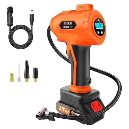 Image of Cordless Tyre Inflator Portable Air Compressor Car Tyre Pump, 180 PSI 21V Rechargeable Battery Portable Handheld Electric Digital Tyre Pump with LED Light & 3 Nozzle for Car Bicycles Motorcycles Ball