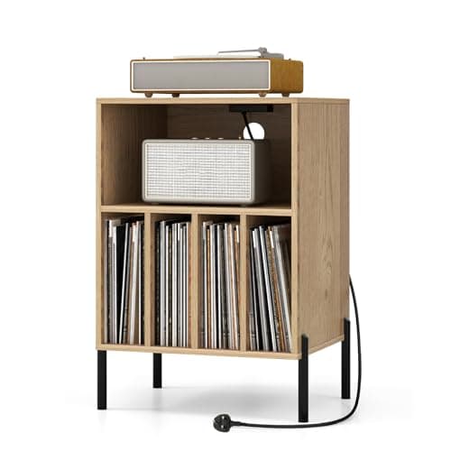 Image of CASART Record Player Stand, Turntable Stand with Charging Station, Metal Legs & Cable Hole, Vinyl Record Storage Cabinet Holds up to 150 Albums End Table for Living Room Bedroom (Natural)
