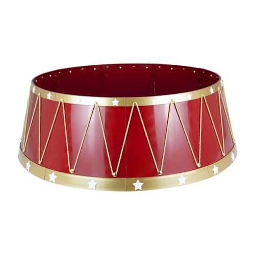 Image of Mr Crimbo Drum Christmas Tree Skirt – Red & Gold Tree Collar with Stars & Cord – Fits Bases up to 54cm – 8-Piece Easy Assembly – Festive Indoor Decoration for Real or Artificial Trees