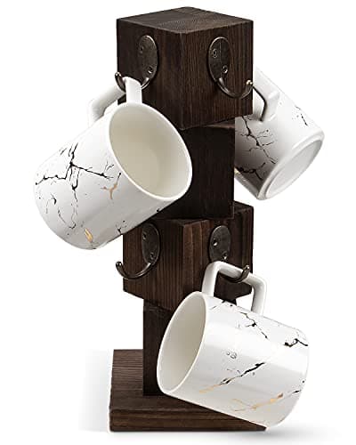 Image of PUERSI Coffee Mug Holder for Counter, Rustic Solid Wood Mug Tree, Farmhouse Wooden Coffee Cup Rack with 8 Hooks (Rustic Brown)