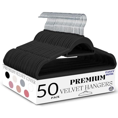 Image of 50 Velvet Hangers Non-Slip Clothes Coat Hangers Coat with Tie Bar and 360° Swivel Hook Space-Saving 0.6 cm Thick 45 cm Long, for Dresses Trousers(50 Pack Black)