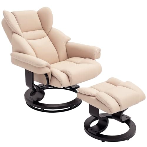 Image of HOMCOM 360° Swivel Recliner Chair with Footstool, PU Leather Manual Recliner Armchair with Footstool, Solid Wood Base, Upholstered Reclining Chair for Living Room, Bedroom, Office, Cream