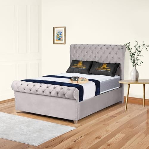 Image of Plush Velvet Arcade Sleigh Upholstered Bed Frame with Tufted Headboard & Footboard | Optional Gas Lift Storage with Optional Mattress (Silver, 3FT Single - Gas Lift Storage - With Mattress)