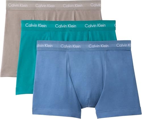 Image of Calvin Klein Men’s 3 Pack Trunks, Red (DRIFTWOOD/MOONLIGHT BLUE/FANFARE), XS