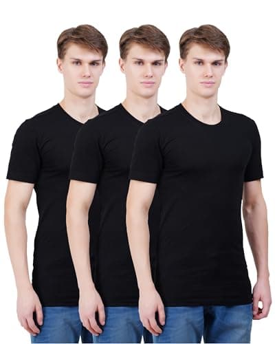 Image of Men's 3 Pack Plain Crew Neck T-Shirts Antibacterial Short Sleeve Multipack Fit Black Large