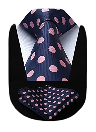 Image of HISDERN Extra Long Polka Dots Tie Handkerchief Men's Necktie & Pocket Square Set , XL, 63 inches length, Pink / Navy Blue