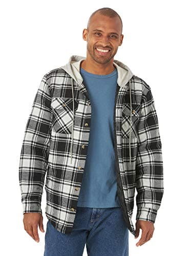 Image of Wrangler Authentics Men's Long Sleeve Quilted Lined Flannel Shirt Jacket with Hood, Caviar With Grey Hood, XXL