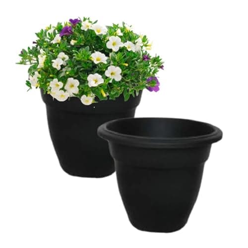 Image of Shop4allsorts 2 x Black 20cm small round bell plant pot - plastic plant pot - small indoor and outdoor garden planter - traditional bell shape pot.
