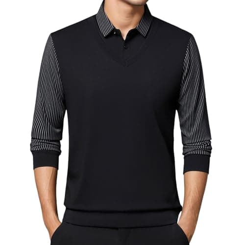 Image of Modeewel Men's Winter Jumper, 2-in-1 Shirt, Collar, V-Neck, Fine Knit, Elegant Knitted Jumper, Business Jumper with Shirt Collar, Long Sleeve Knitted Jumper, black, 3XL