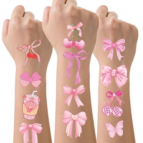Image of Pink Bow Temporary Tattoos Stickers - 264 Pcs Conquette Fake Tattoos Waterproof Semi Permanent Gifts Favor For Women Girls Birthday Party Decorations Supplies