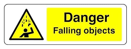 Image of Danger Falling Objects - safety sign - High tack self-adhesive sticker (150mm x 50mm) Viewing Distance within 3m.
