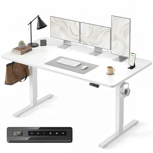 Image of FEZIBO Electric Height Adjustable Standing Desk with digital display control panel, 60x160cm Ergonomic Home Office Table for Sit-Stand with Splice Board & White Wood Grain Surface