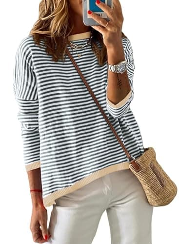 Image of Cuptacc Long Sleeve Tops Women Crewneck Womens Sweater Striped Shirt Tunic Ladies Long Jumpers Gray2 XL 18-20
