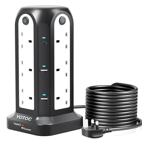 Image of Tower Extension Lead,12 Way Surge Protected Extension Lead with 4 USB(5V 4.8A) Slots,2 USB-C(5V 3A),3250W Power Strip with 4 Individual Switches and 3M/9.8ft Extension Cable for Home,Office,School