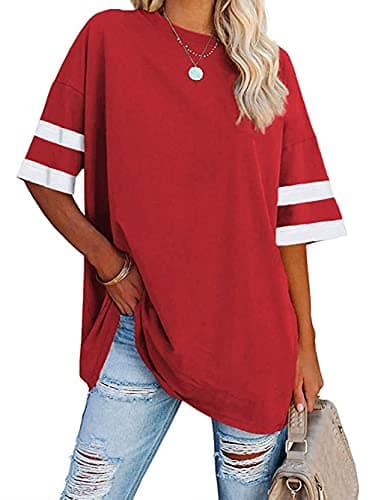 Image of Famulily Ladies Long Tshirt Tops Crew Neck Simple Patchwork Baseball Tee Shirt Tops Red L