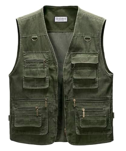 Image of Oralidera Mens Outdoor Fishing Vest Cotton Multi Pockets Gilets Casual Sleeveless Jackets Tops Camping Hunting Photography Vest Waistcoat, Green, M