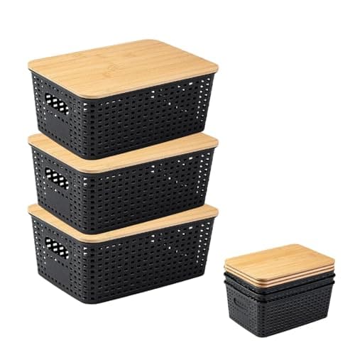 Image of Sightday 3Pack Storage Boxes With Bamboo Lid,5L Plastic Stackable Storage Boxes,Storage Baskets With Handles,Baskets With Lids For Kitchens,Bathrooms,Bedrooms,Balconies,Shelving Units(Black)
