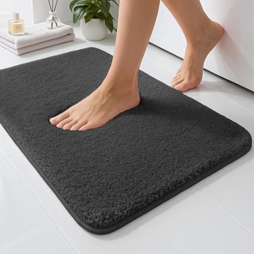 Image of RUN HELIX Bathroom Mat 40x60cm, 0.8inch Fluffy Long Hair Non-slip Super-Absorbent Machine Microfibre Washable Bath Rugs for Bathroom Bathtub Floor, Dark Grey