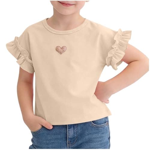 Image of Girls' Ruffle Short Sleeve Tshirts Love Shape Graphic Tee Shirts, Kids Basic Tunic Blouses Stylish Casual Crewneck Tops Holiday Party Wear Beige 4-5 Years