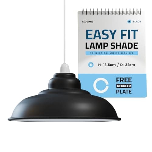 Image of LEDSONE Industrial Lampshade Metal Black Inner White 32cm Easy Fit with Reducer Plate Modern Hanging Pendant Light Shade for Bedroom, Hallway, Office, Kitchen, Dining Room, Cafe, Bar, Restaurtant