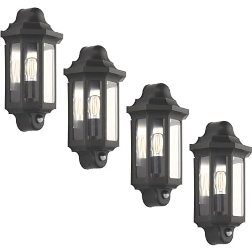 Image of Bamboo Panda 4 x Half Lantern Wall Light Traditional Outdoor 15W LED E27 GLS IP44 Matt Garden Lamp (Black, with PIR)
