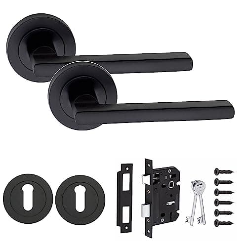 Image of Golden Grace Leon Design Key Lock Door Handles Set on Round Rose in Matt Black Finish with 64mm 3 Lever Mortise Lock & Key Hole