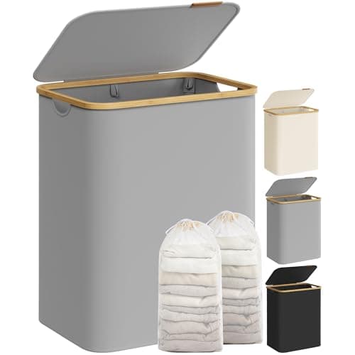 Image of SONGMICS Laundry Basket with Lid, 2-Section Large Laundry Hamper, 130L, Removable Mesh Liner, Oxford Fabric, Bamboo Handles, Collapsible, 52 x 38.5 x 70.5 cm, Dove Grey LCB513G01