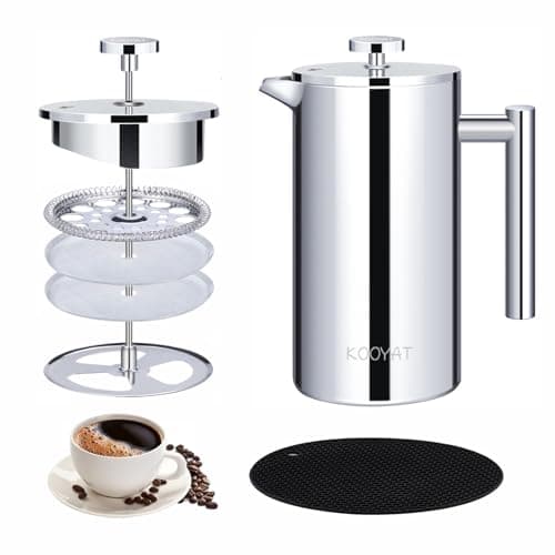 Image of KOOYAT Cafetiere French Press Coffee Maker with Capacity of 350ml / 2 Cups Double Walled Insulated Coffee Press for Ground Coffee at Home Travel Large Caffettiera Gift Set for Woman Man Silver Color