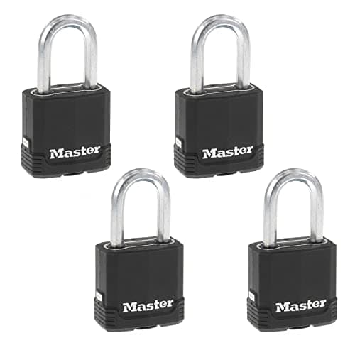 Image of Master Lock M115XQLFCCSEN, Four Pack 1-7/8-Inch Wide Magnum Covered Laminated Steel Padlock, 5/16-Inch Diameter, 1-1/2-Inch Shackle Clearance, 4-Pack, Black, 4 Count (Pack of 1)