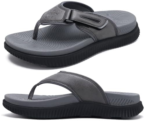 Image of Mens Leather Flip Flops Men's Recovery Walking Sandals Orthotic Thick Athletic Cushion Sport Slider for Man Outdoor Summer Beach Water Sandals with Comfortable Plantar Fasciitis Arch Support,9.5 Grey