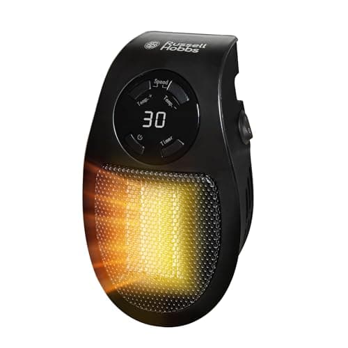Image of Russell Hobbs 500W Ceramic Plug Heater, Electric Heater Adjustable thermostat, 12 Hour Timer & LED Display, 2 Fan Speeds, 2 Year Guarantee, Black, RHPH2001B