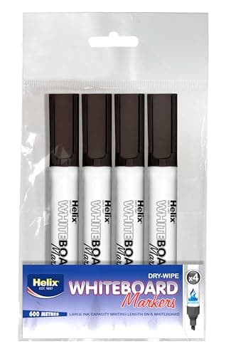 Image of Helix Whiteboard Markers, Pack of 4, Black, 600 Metres Writing Length, Dry-Wipe, Large Ink Capacity