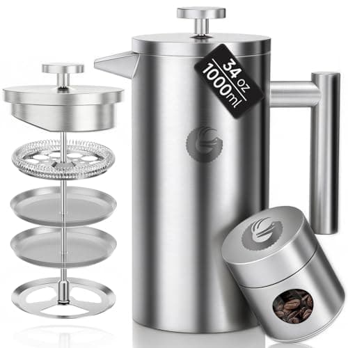 Image of Coffee Gator Cafetiere French Press plus Mini Jar Canister, Double Walled Insulated Coffee Press with Stainless Steel Filter, Hot Cold Brew Tea Maker, 1 Liter (4-8 Cups)