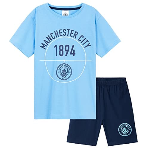 Image of MANCHESTER CITY F.C. Boys Short Pyjama Set Breathable Lounge Wear Man City Gifts (Blue/Navy, 13-14 Years)