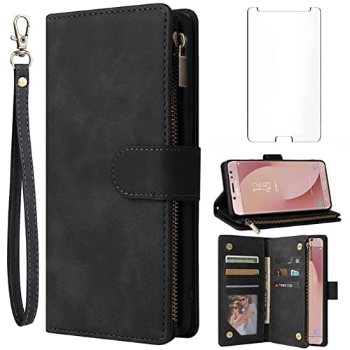 Image of Asuwish Compatible with Samsung Galaxy J7 Pro J730G Wallet Case and Tempered Glass Screen Protector Leather Flip Cover Card Holder Stand Cell Phone Cases for Glaxay J7pro J 7 2017 7J J730F Women Black