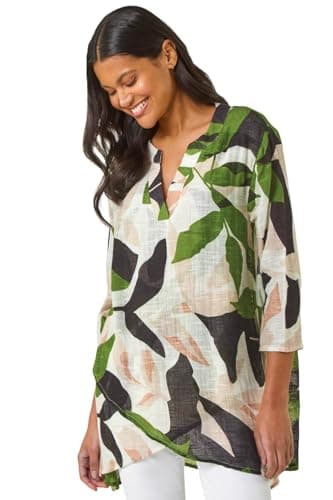 Image of Roman Originals Floral Print Tunic Top for Women UK Ladies Casual Shirt Smart Blouse Asymmetric Wrap Hem Summer Holiday Party Cruise 3/4 Sleeve Longline Oversized - Leaf Green - Size 16