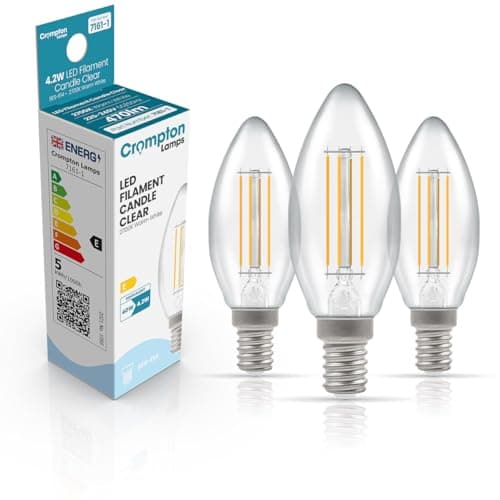 Image of Crompton Lamps Filament Candle LED Light Bulb SES-E14 | 4.2W = 40W Equivalent | Warm White 2700K | Energy Efficient | Small Screw Lightbulb | Long Life 10,000-Hrs | Clear Glass | Dimmable | 3-Pack